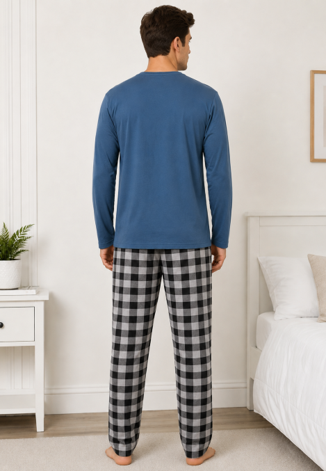 Pijama barbat Serena cu maneca lunga si pantalon lung-Albastru, Engros
